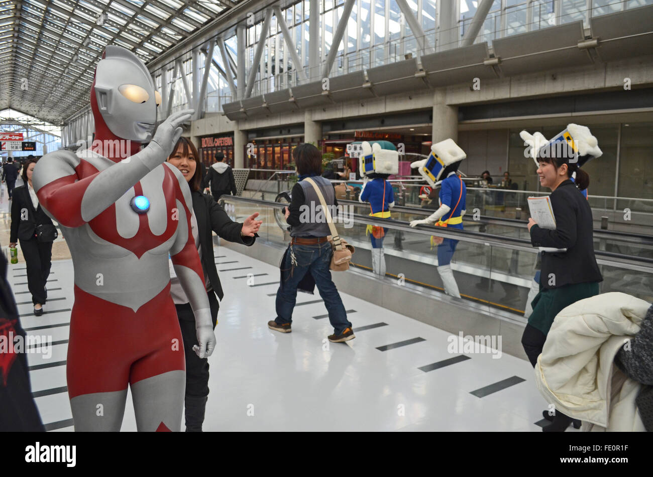 Tokyo, Japan. 3rd Feb, 2016. An Ultraman like character walks on the east hallway of Tokyo Big Site during the 81st Tokyo International Gift Show Spring 2016. The show offers a collection of the latest smart phone goods, stationary, hobby material goods, exhibits of personal gifts, consumer goods and decorative accessories. The show also includes a new product contest in which more than 400 new products enter to compite. Also a collection of unique products from all over the world to compete in the most popular imported product contest. Kitchen and dining room goods contest. Established in 19 Stock Photo
