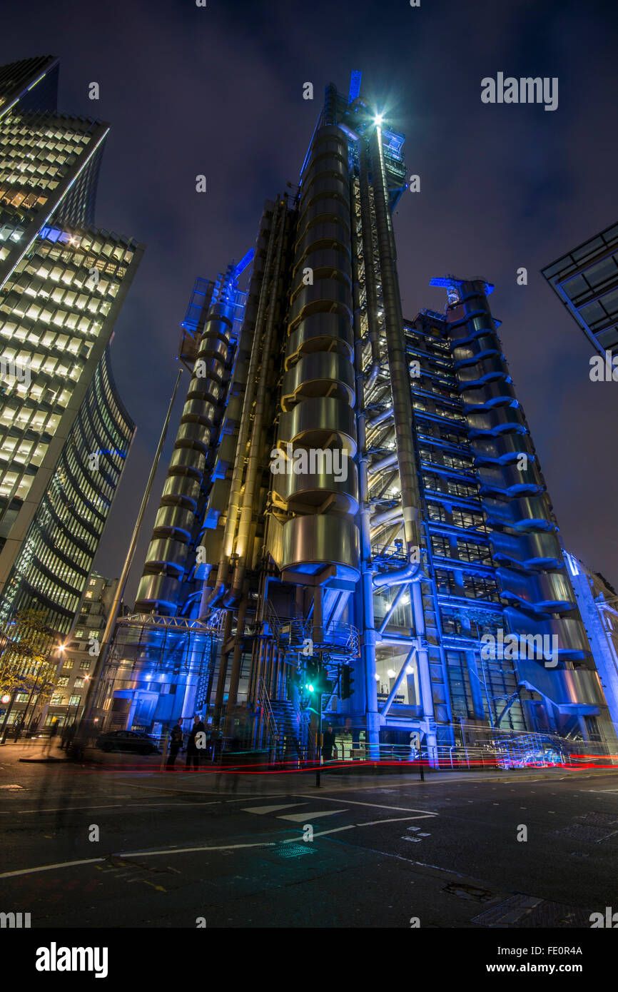 Night shot of the Lloyd's Building in the City of London, London, England, UK Stock Photo