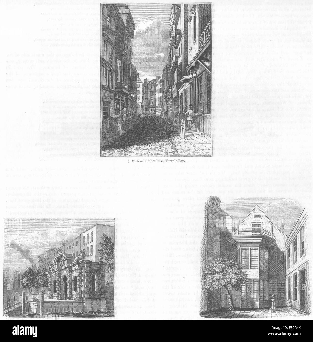 BUTCHER ROW, TEMPLE BAR: York House; Bangor, Shoe Lane, antique print 1845 Stock Photo