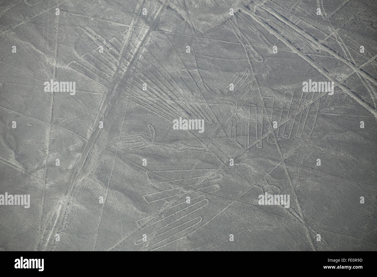 Aerial view of Nazca Lines geoglyphs in Peru. The Lines were designated as a UNESCO World Heritage Site in 1994. Stock Photo