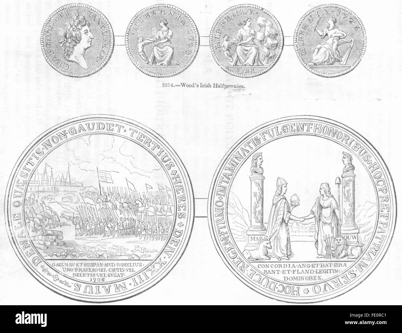 COINS: Wood's Irish Halfpenny; Medal: Ramilies, antique print 1845 Stock Photo