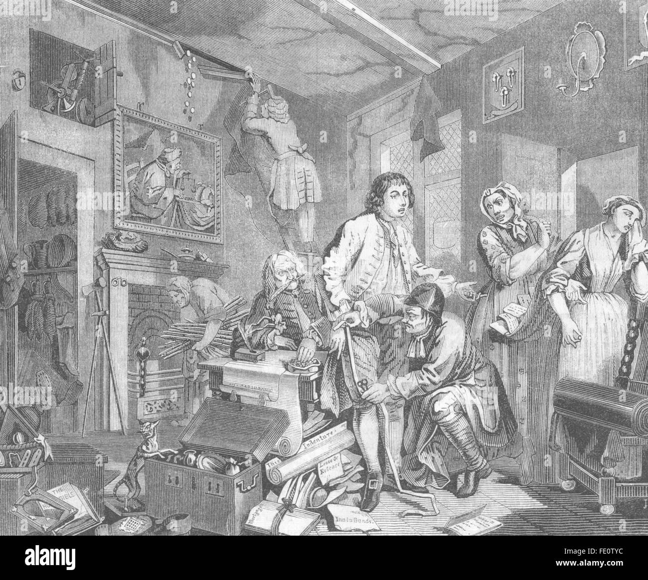 HOGARTH: Rake's Progress Inheritance, antique print 1845 Stock Photo