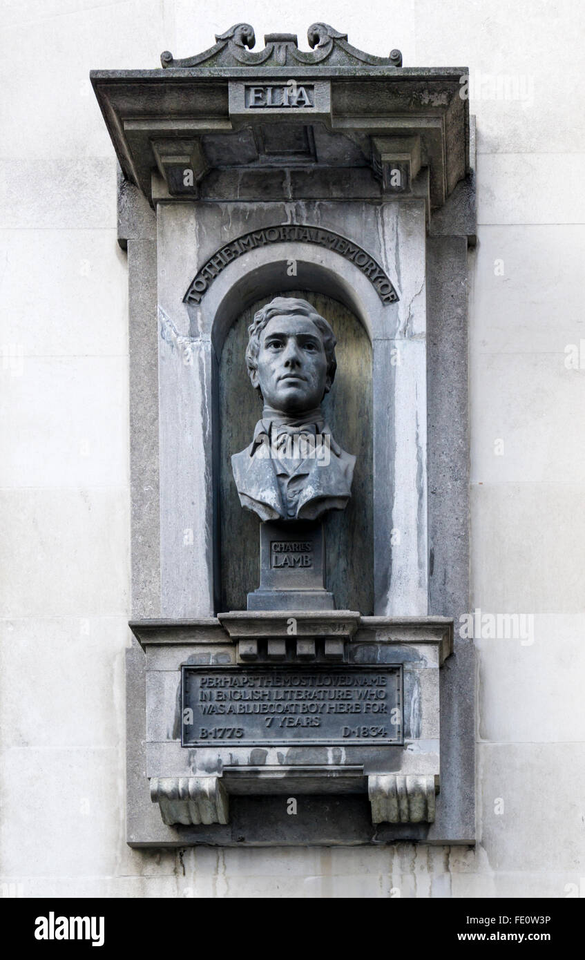 Bust of Charles Lamb by Reynolds Stephens in Giltspur Street, London. Stock Photo