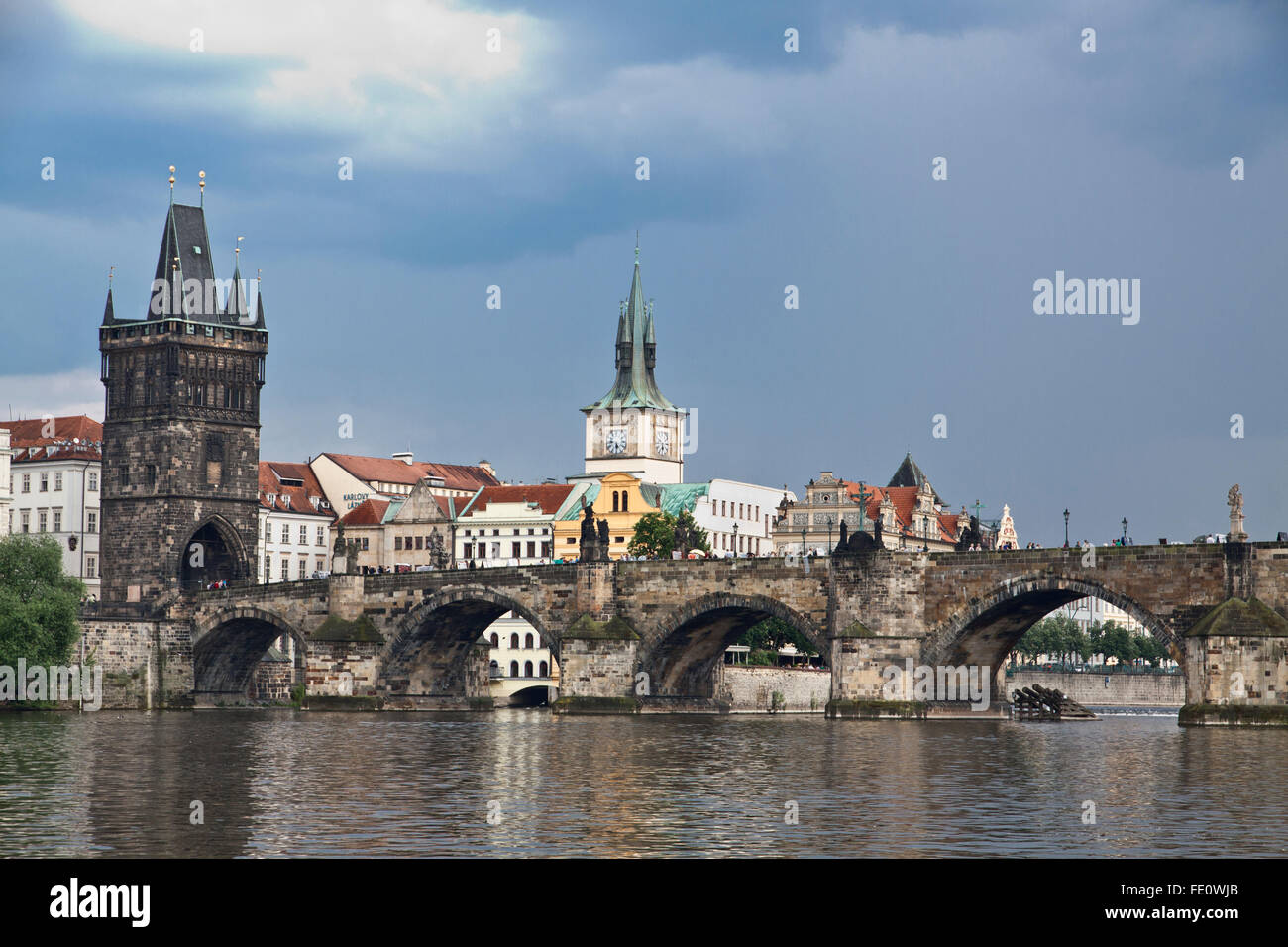 The famous Charles Bridge The Old Town Bridge Tower started in 1357 under the auspices of King Charles IV. Stock Photo