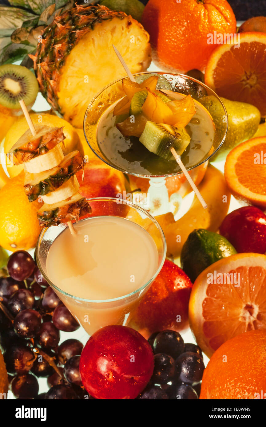 Cocktails decorated with various fruits Stock Photo