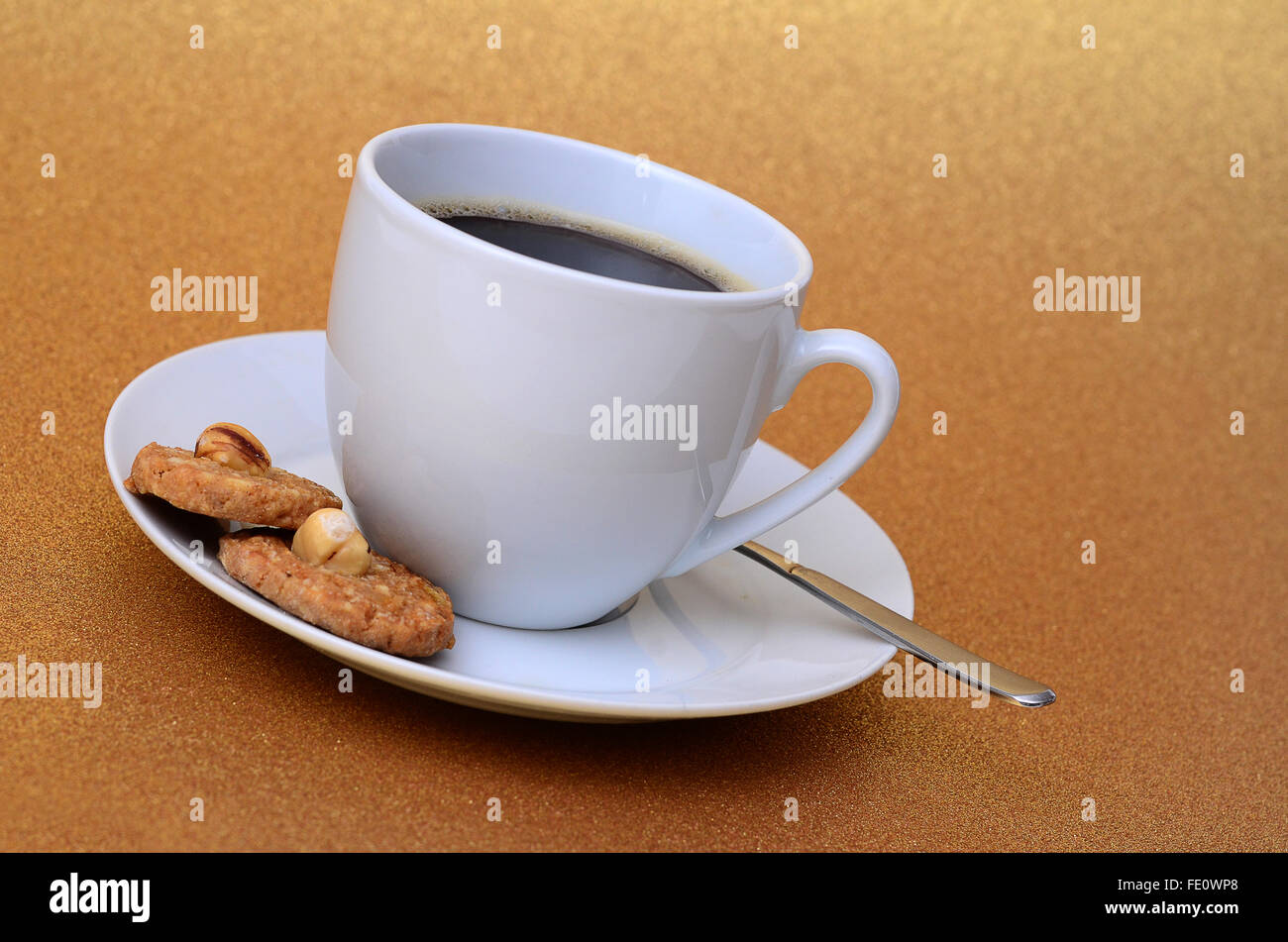 White coffee mug, coffee and biscuits Stock Photo