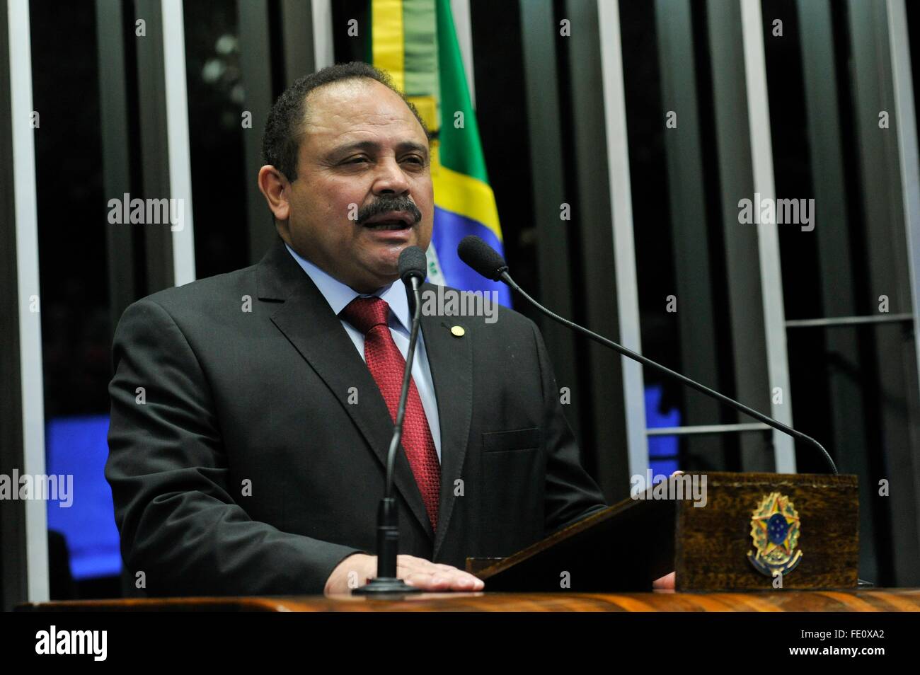 Brazilian First Deputy Chairman of the Senate Waldir Maranhao speaks in the chamber during a session honoring President of the Republic Joo Goulart May 4, 2015 in Brasilia, Brazil. Stock Photo