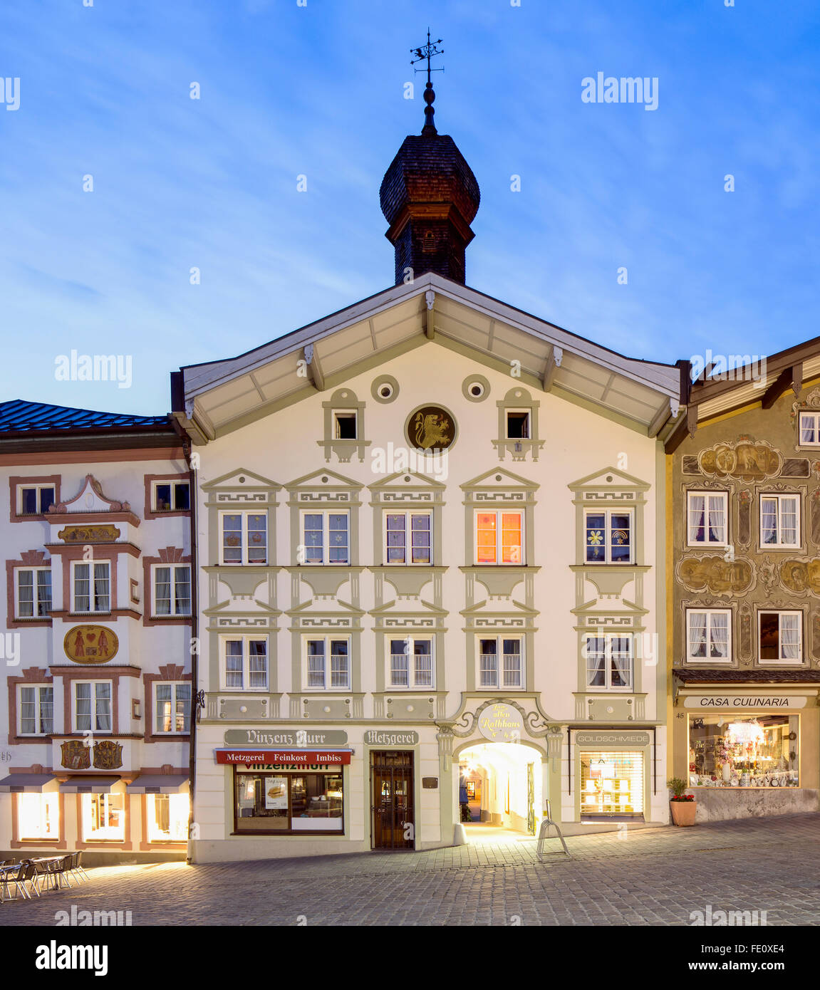 Residential and commercial building, Old Town Hall, Marktstraße, pedestrian area, Bad Tölz, Upper Bavaria, Bavaria, Germany Stock Photo