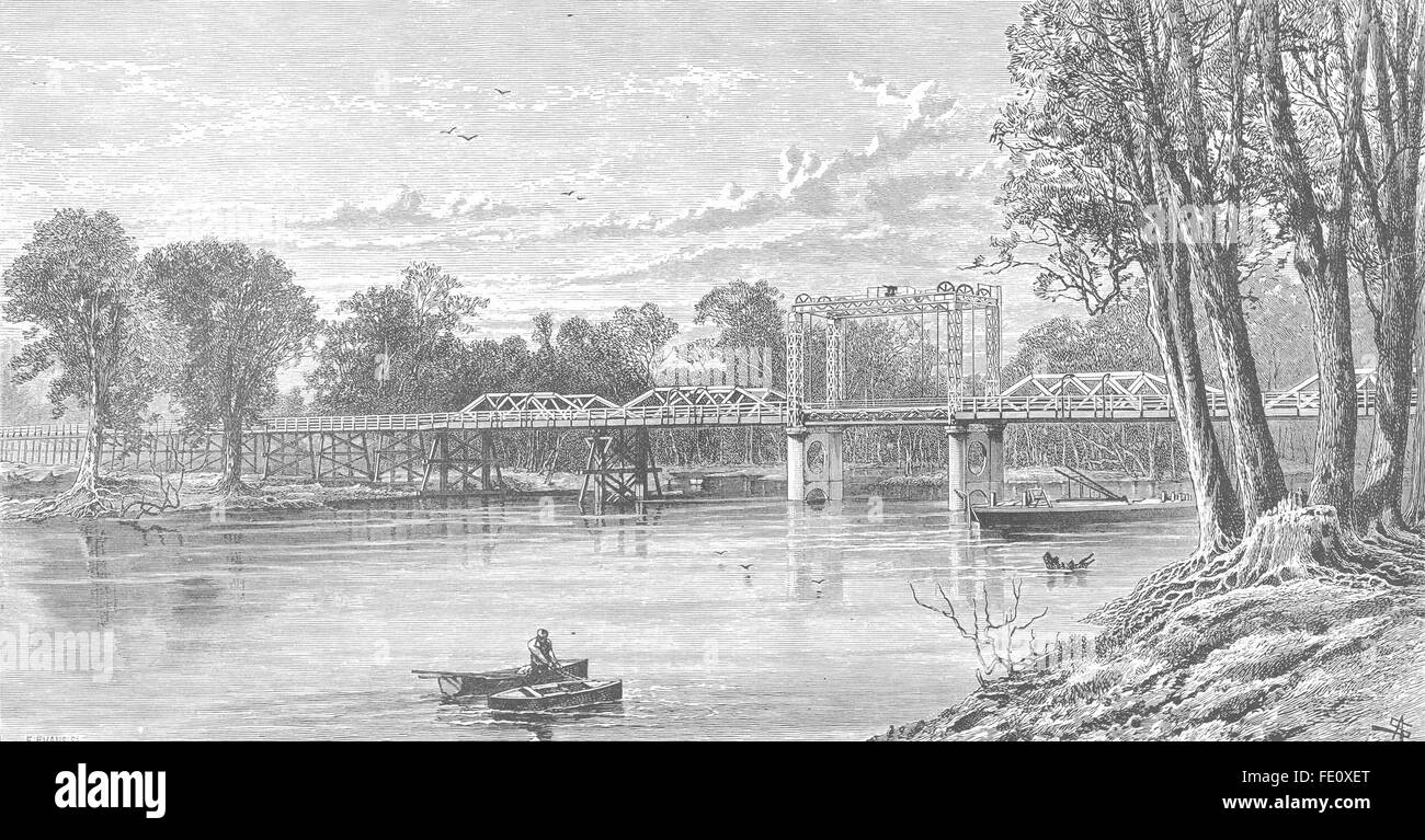 AUSTRALIA: Murray River bridge at Yarrawanga, connecting Victoria & NSW, 1893 Stock Photo