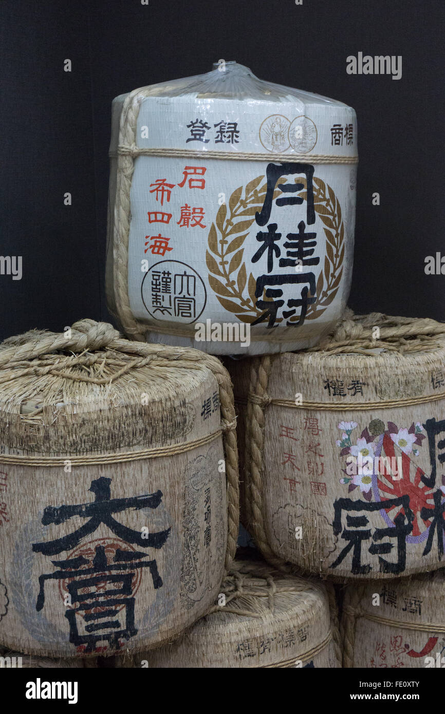 sake barrels in front of a restaurant in Japan Stock Photo