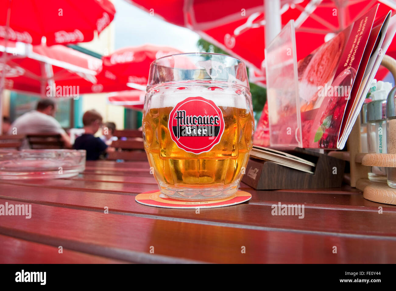 A glass of Murauer beer on an outside table at a cafe in Vienna Stock Photo