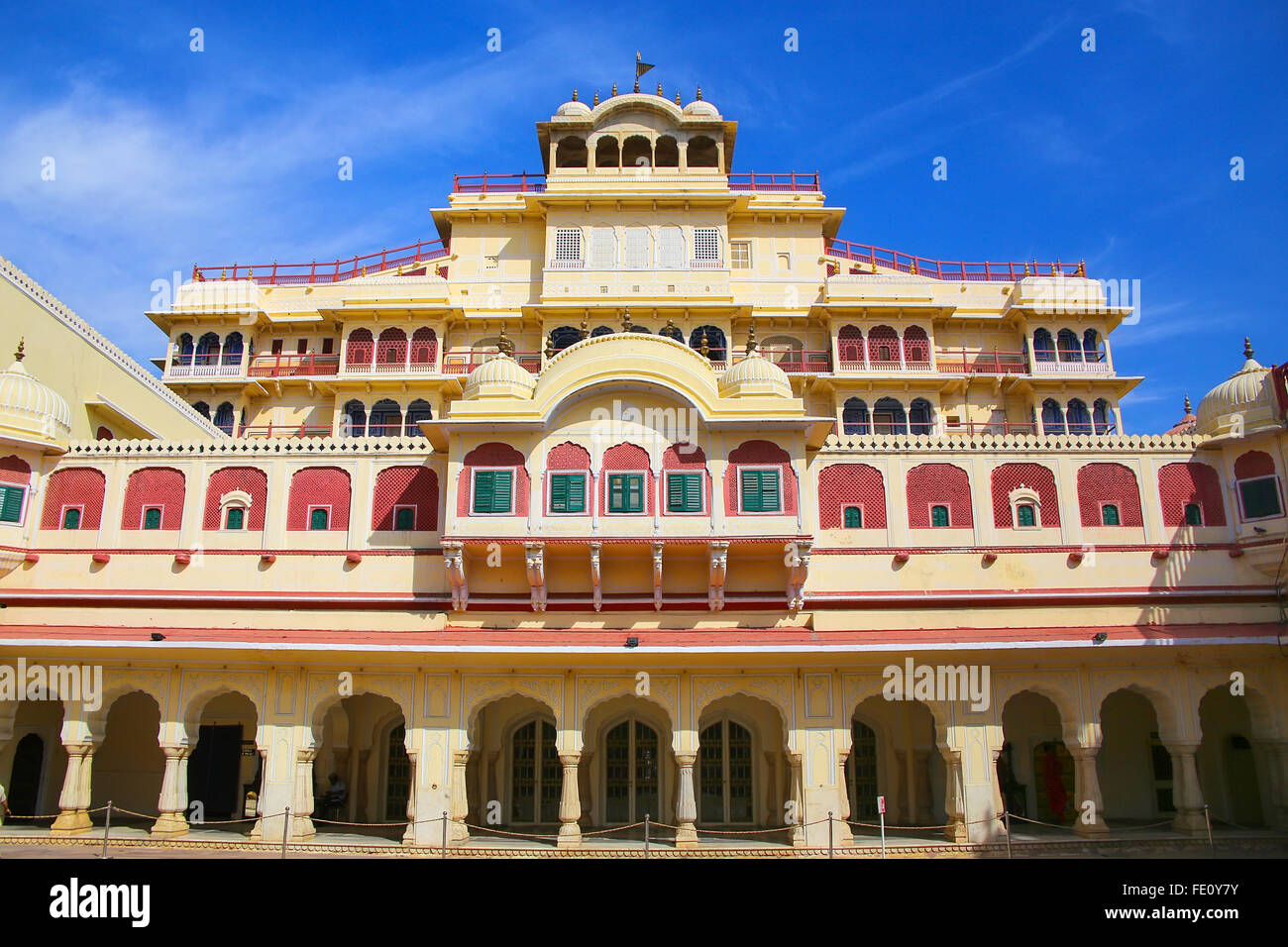 Chandra Mahal seen from Pitam Niwas Chowk, Jaipur City Palace, Rajasthan, India. Palace was the seat of the Maharaja of Jaipur, Stock Photo