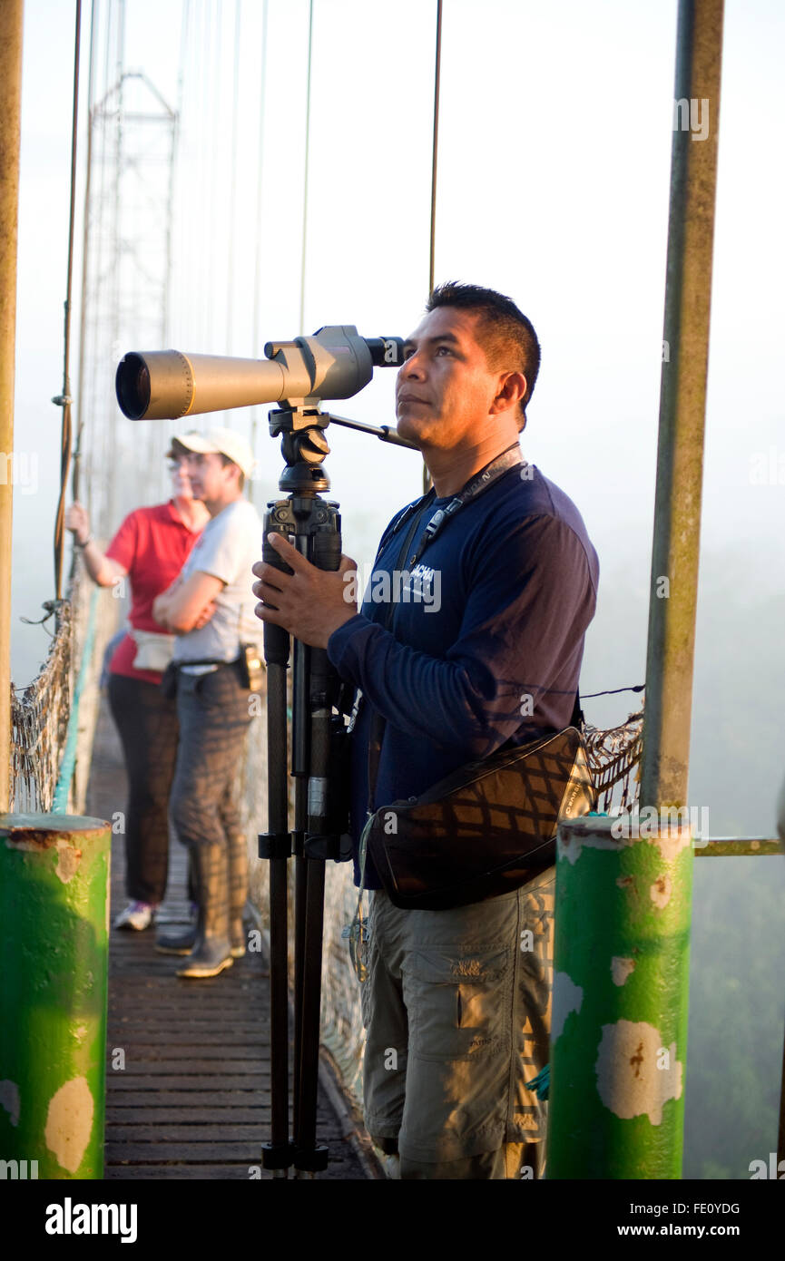 Man with telescope watching wildlife from a canopy bridge in the Amazon Rain Forest in Ecuador Stock Photo