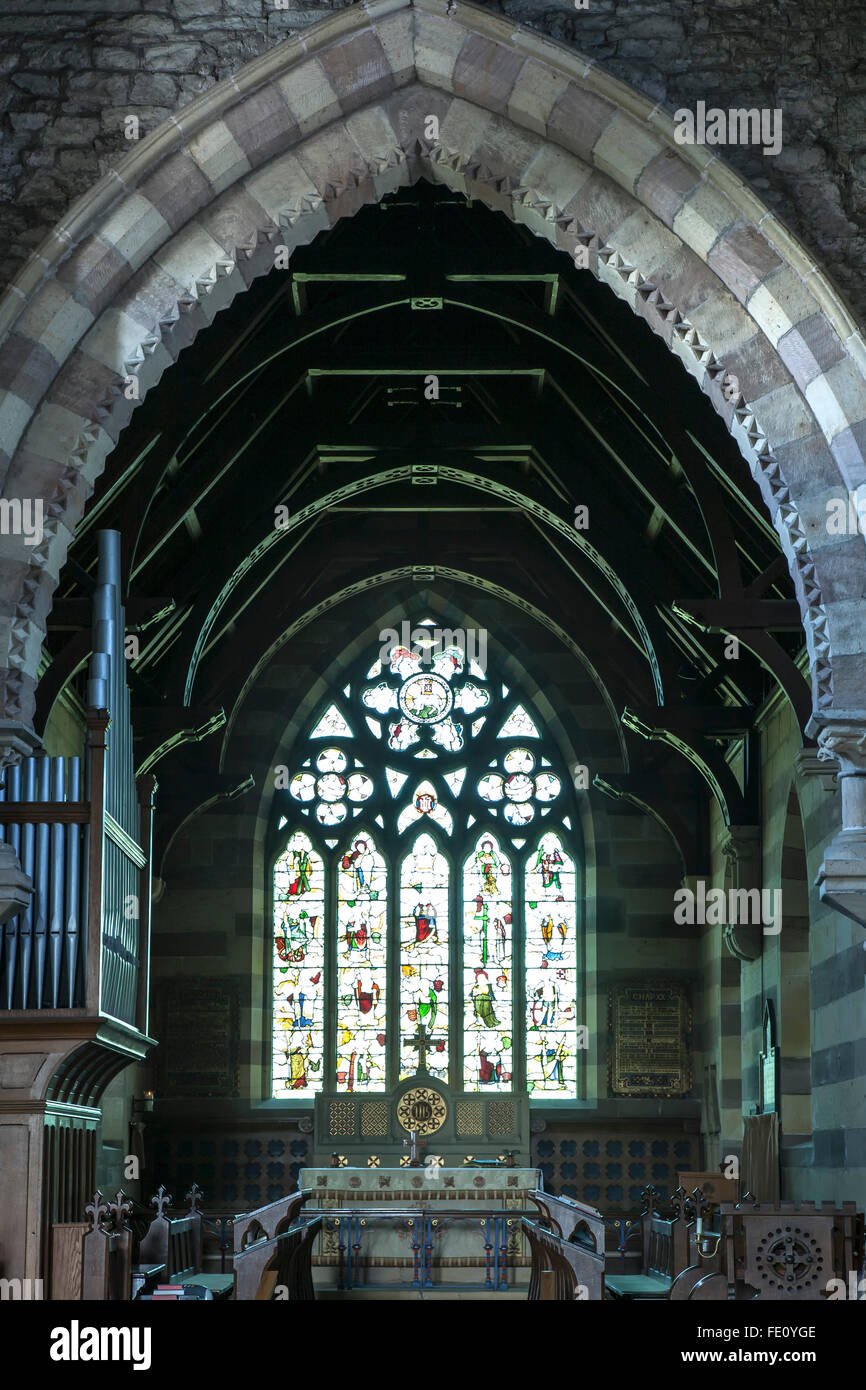 Altar and stained glass window, Holy Trinity Church, Embleton, England, United Kingdom Stock Photo