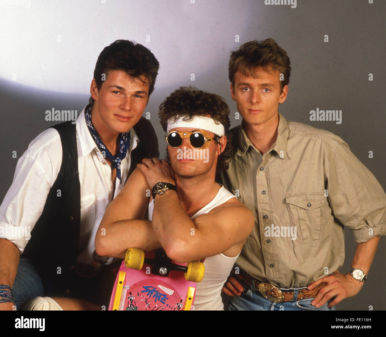 A-HA  Norwegian pop group about 1986. From left: Morten Harket, Mags Furuholmen, Pal Waaktaar Stock Photo