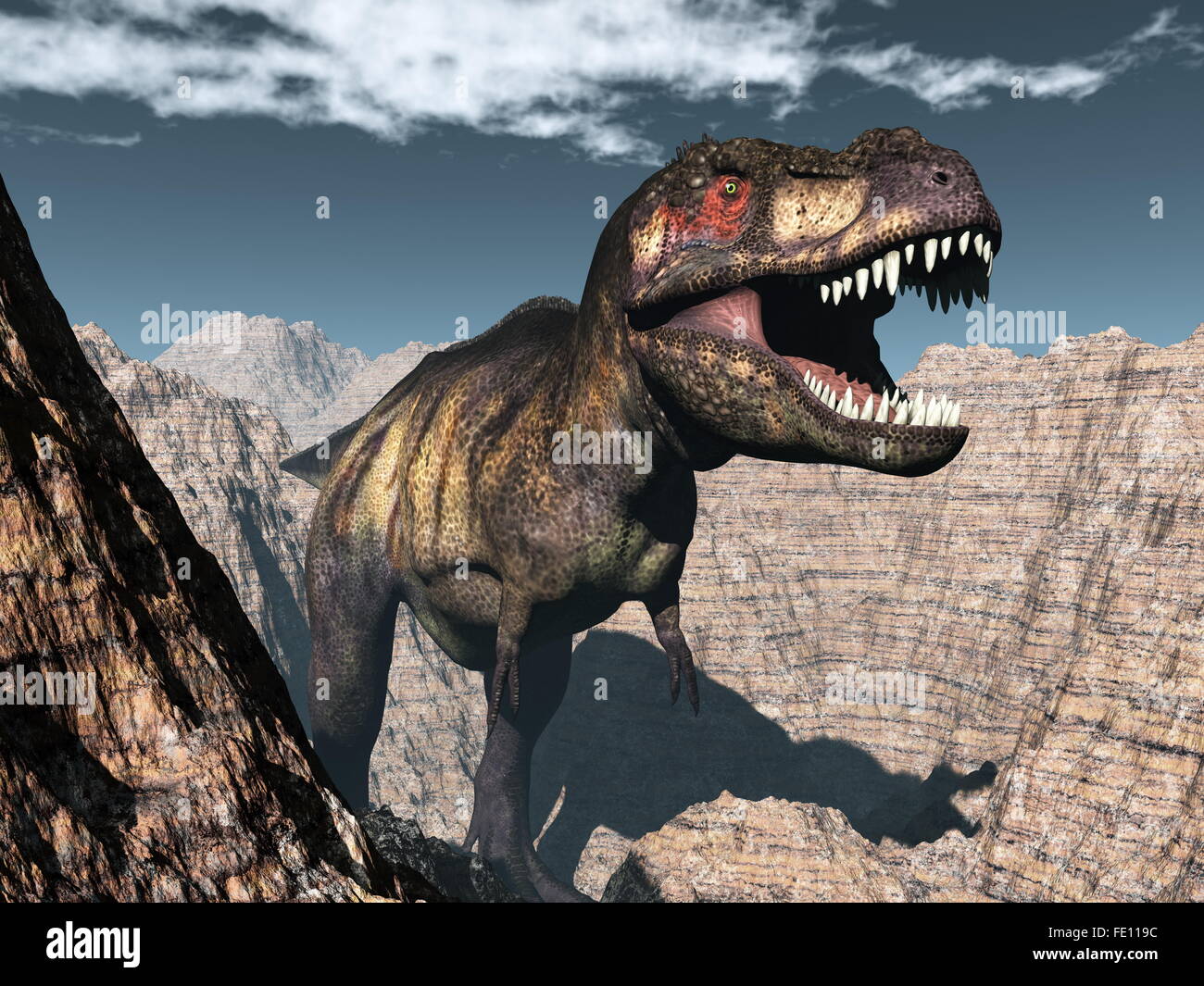 Tyrannosaurus rex roaring in a canyon - 3D render Stock Photo - Alamy