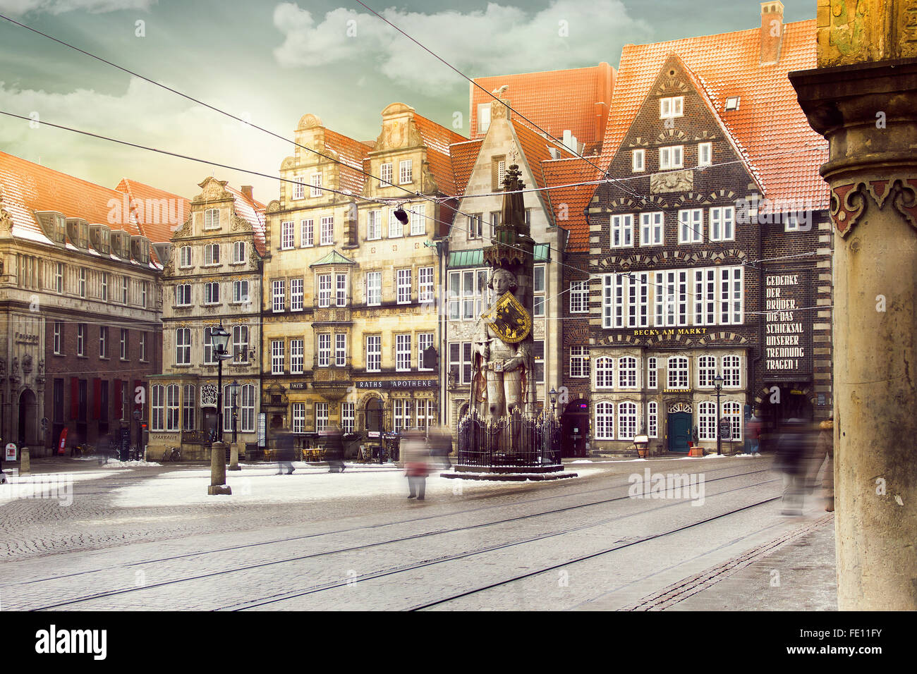Marketplace of Bremen with Statue of Bremer Roland or Roland von Bremen surrounded by the Old city and medieval Architecture Stock Photo