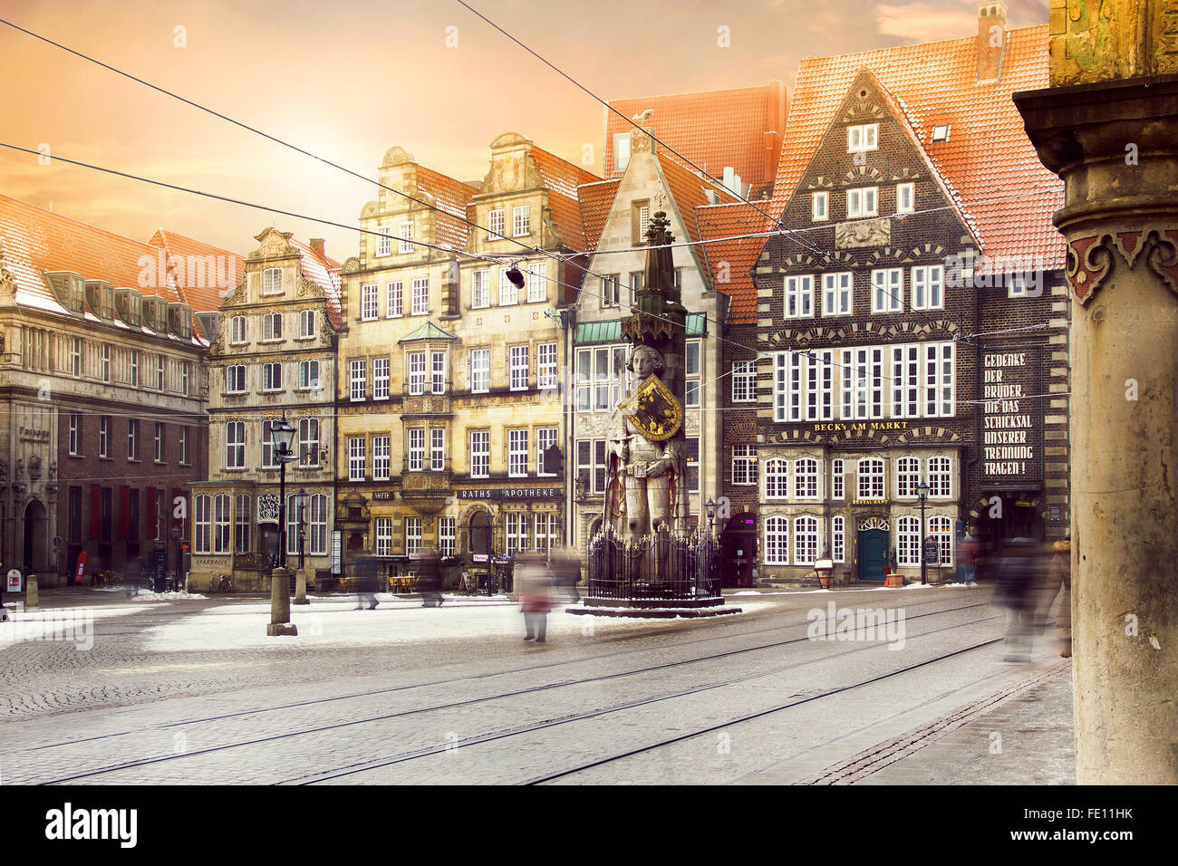 Marketplace of Bremen with Statue of Bremer Roland or Roland von Bremen surrounded by the Old city and medieval Architecture Stock Photo