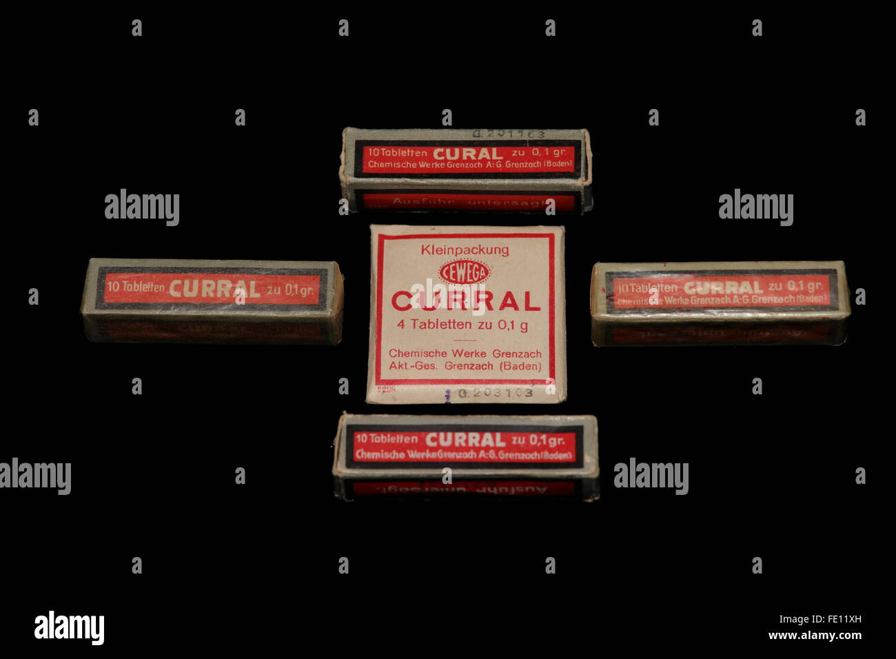 Historic German sample of Curral as given to German Doctors in late 18th early 19th century. Different packaging Stock Photo