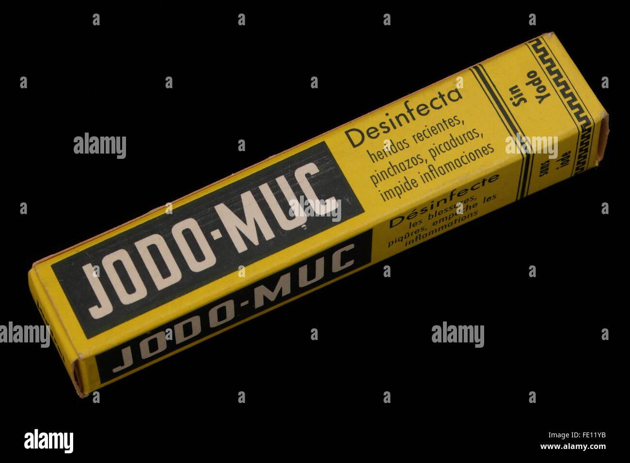 Historic German sample of Jodo-Muc as given to German Doctors early 19th century packaging Spanish on top, French on side Stock Photo