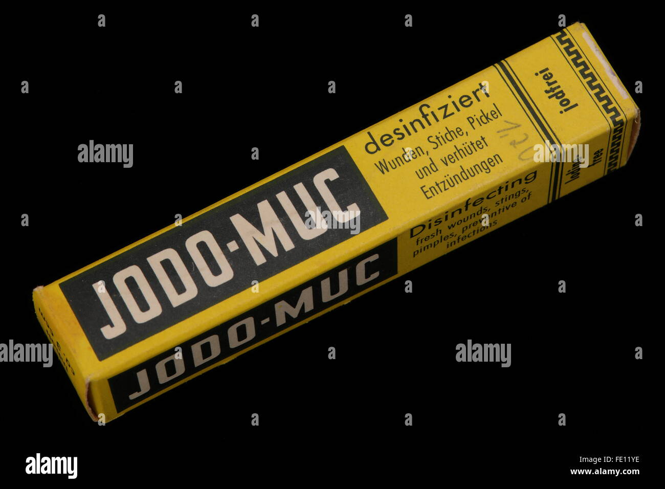Historic German sample of Jodo-Muc as given to German Doctors early 19th century packaging German on top, English on side Stock Photo