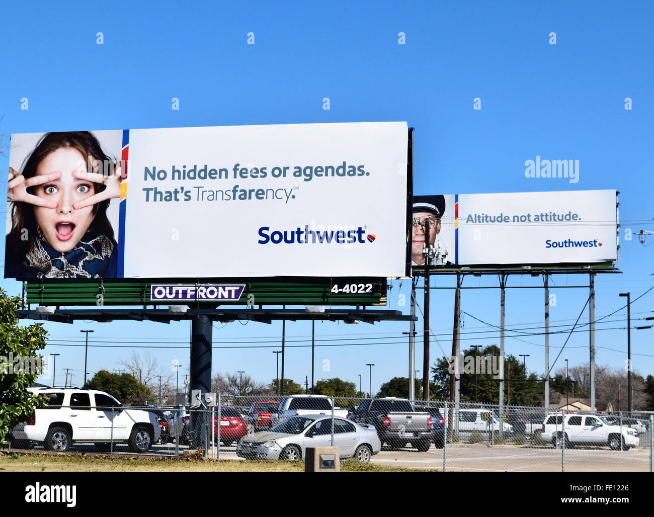 Billboard outside the Love Field entrance where Southwest Airlines pilots stood in silent protest due to having no contract with their employer. Credit:  Brian T. Humek/Alamy Live News Stock Photo