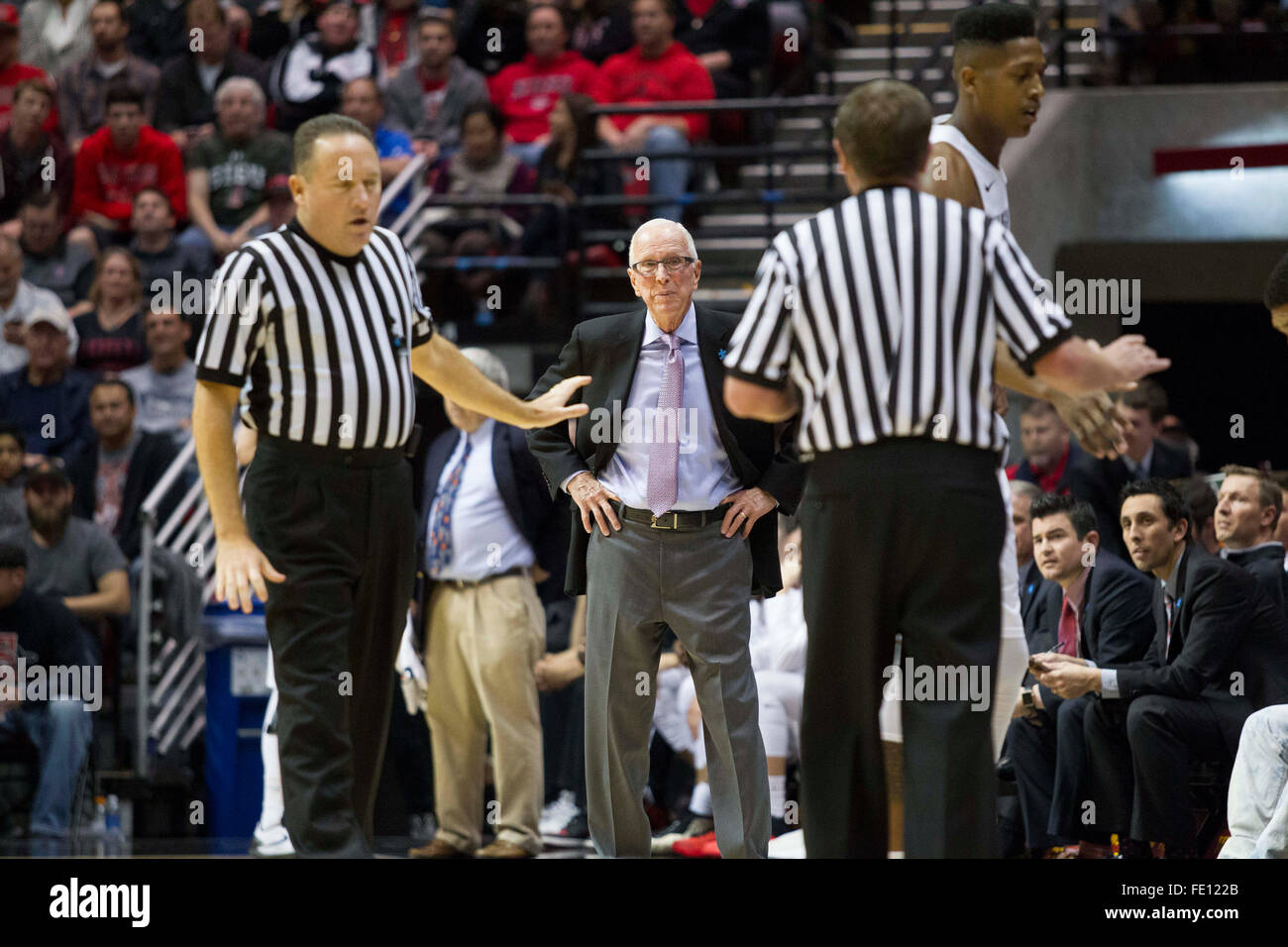 San Diego, California, USA. 2nd Feb, 2016. February 2, 2016] SDSU head coach Steve Fisher argues with the referees in the first half of Tuesday's game between San Diego State University and Colorado State University. Chadd Cady/For The San Diego Union-Tribune © Chadd Cady/U-T San Diego/ZUMA Wire/Alamy Live News Stock Photo
