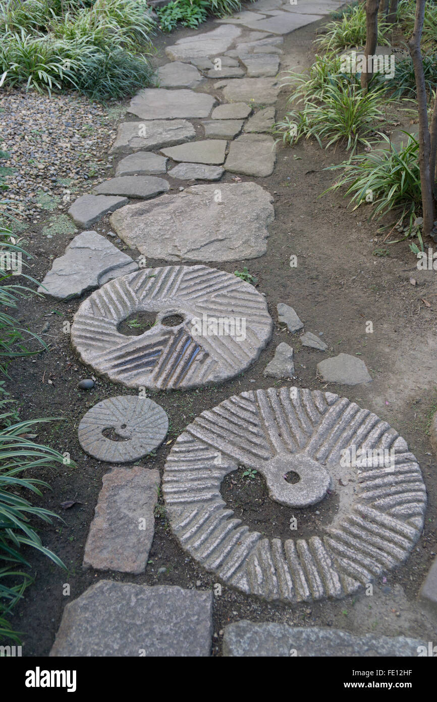 Japanese garden granite stepping stone path Stock Photo