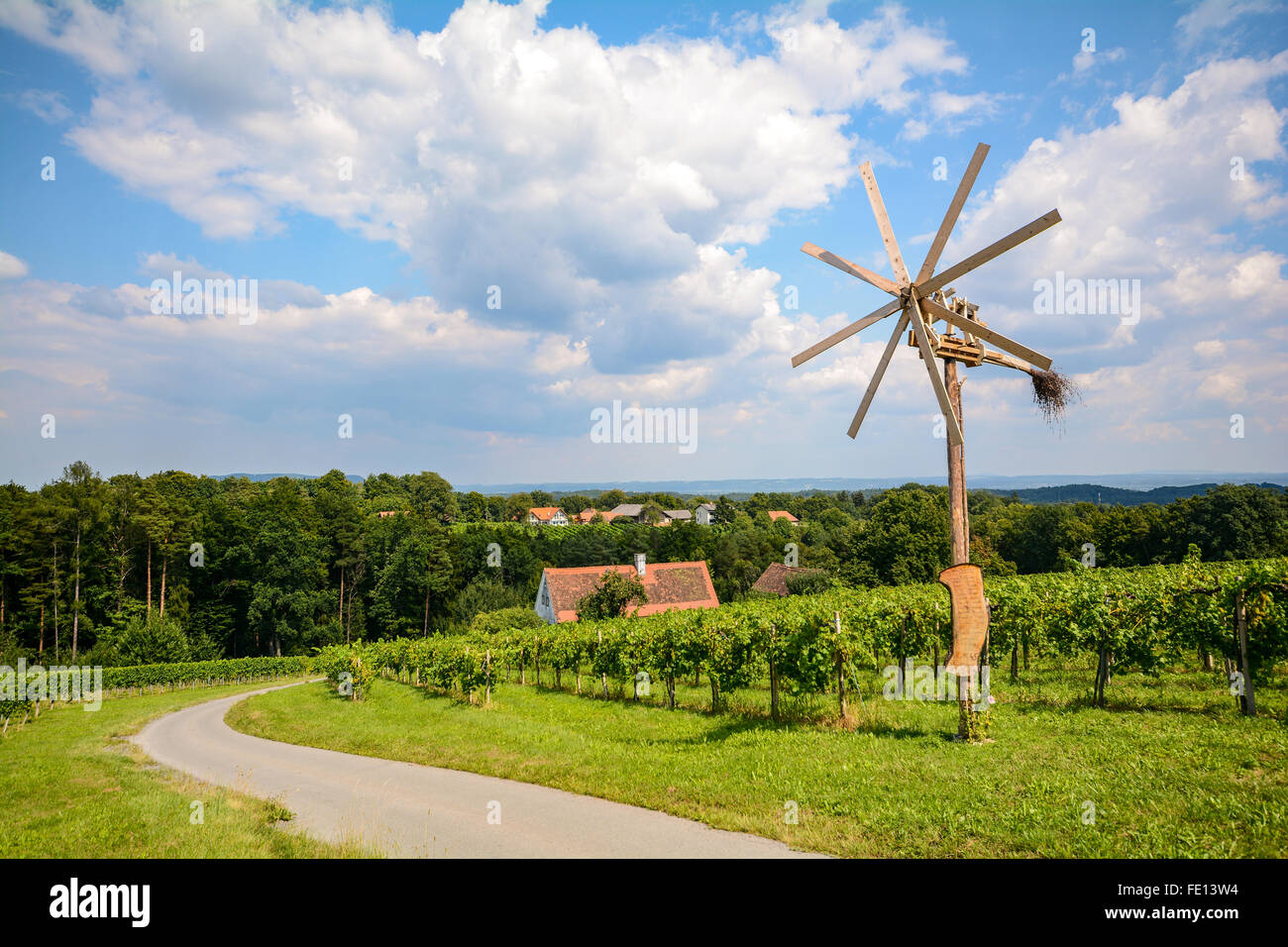 Vineyards and Klapotetz pinwheel at the South Styrian Wine Road in autumn, Austria Europe Stock Photo