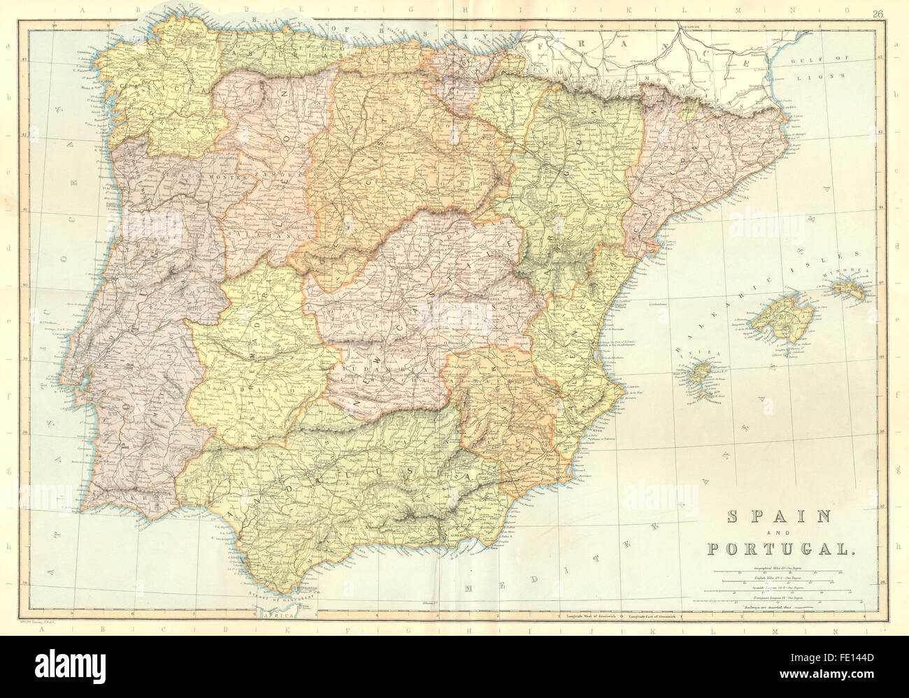 IBERIA: Spain Portugal. Railways. Scale in Spanish Leagues.BLACKIE, 1893 map Stock Photo