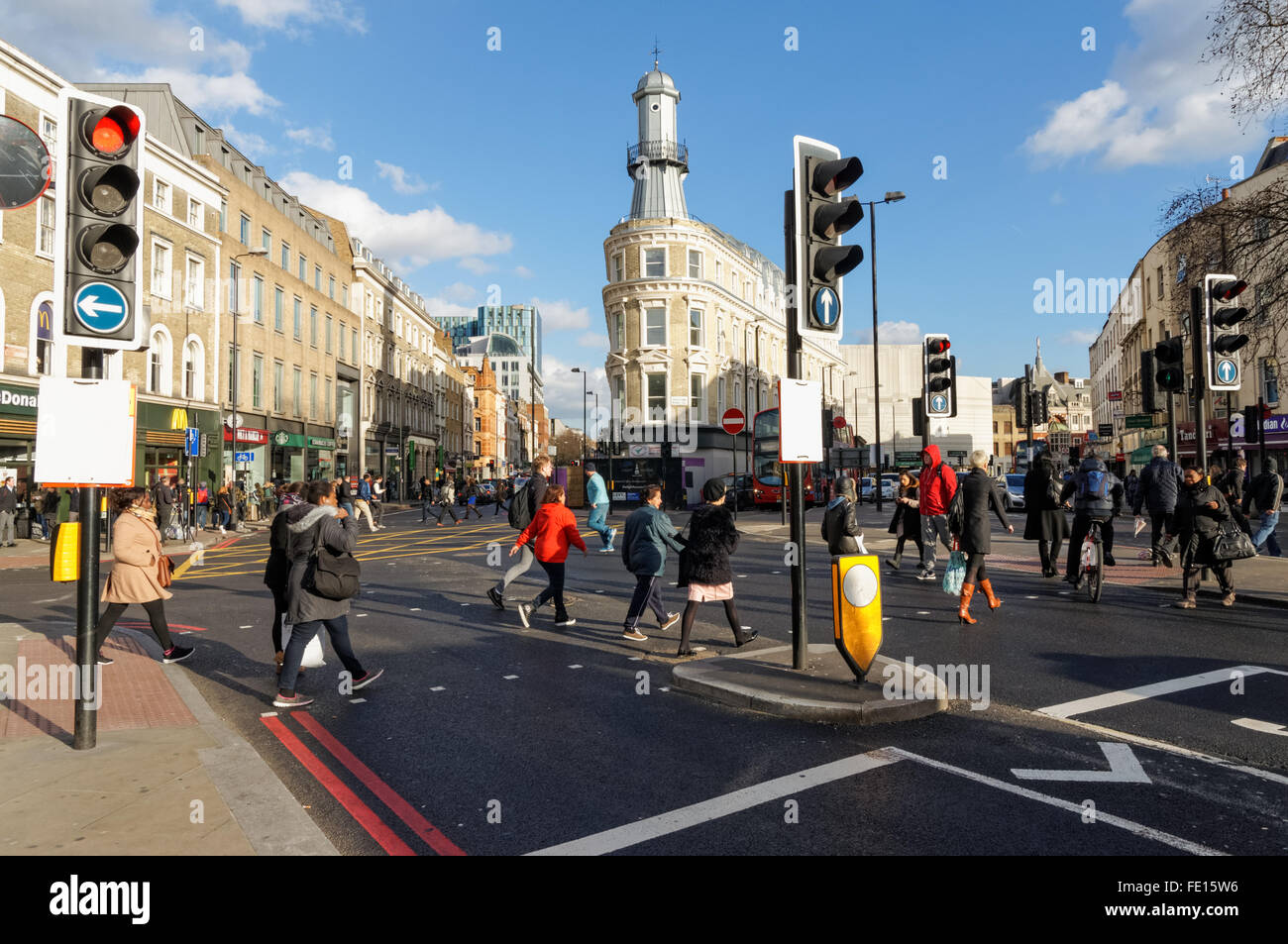 York Way, Pentonville Road, Gray's Inn Road and Euston Road junction with the Lighthouse building in the background, London UK Stock Photo