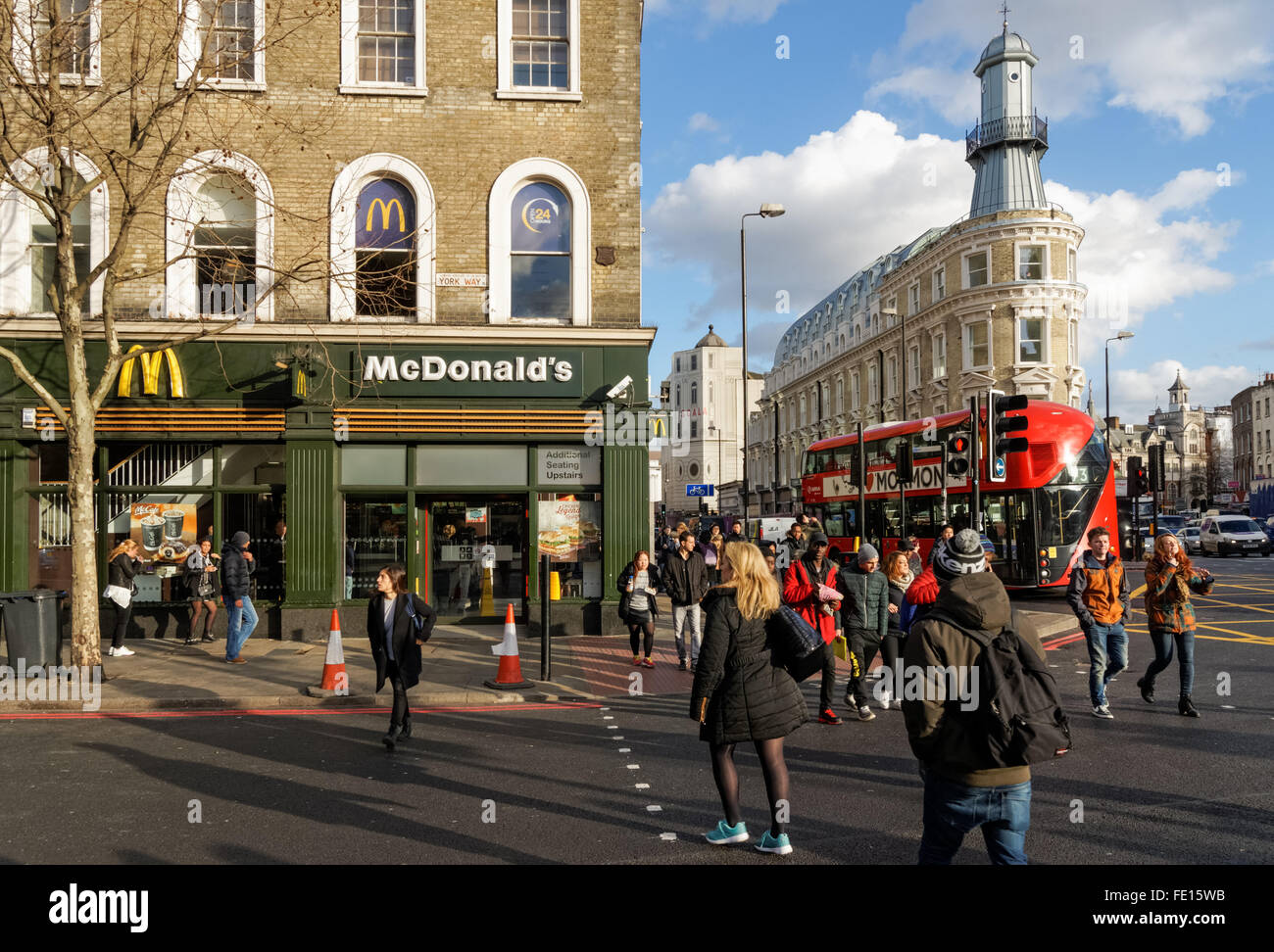 York Way, Pentonville Road, Gray's Inn Road and Euston Road junction with the Lighthouse building in the background, London UK Stock Photo