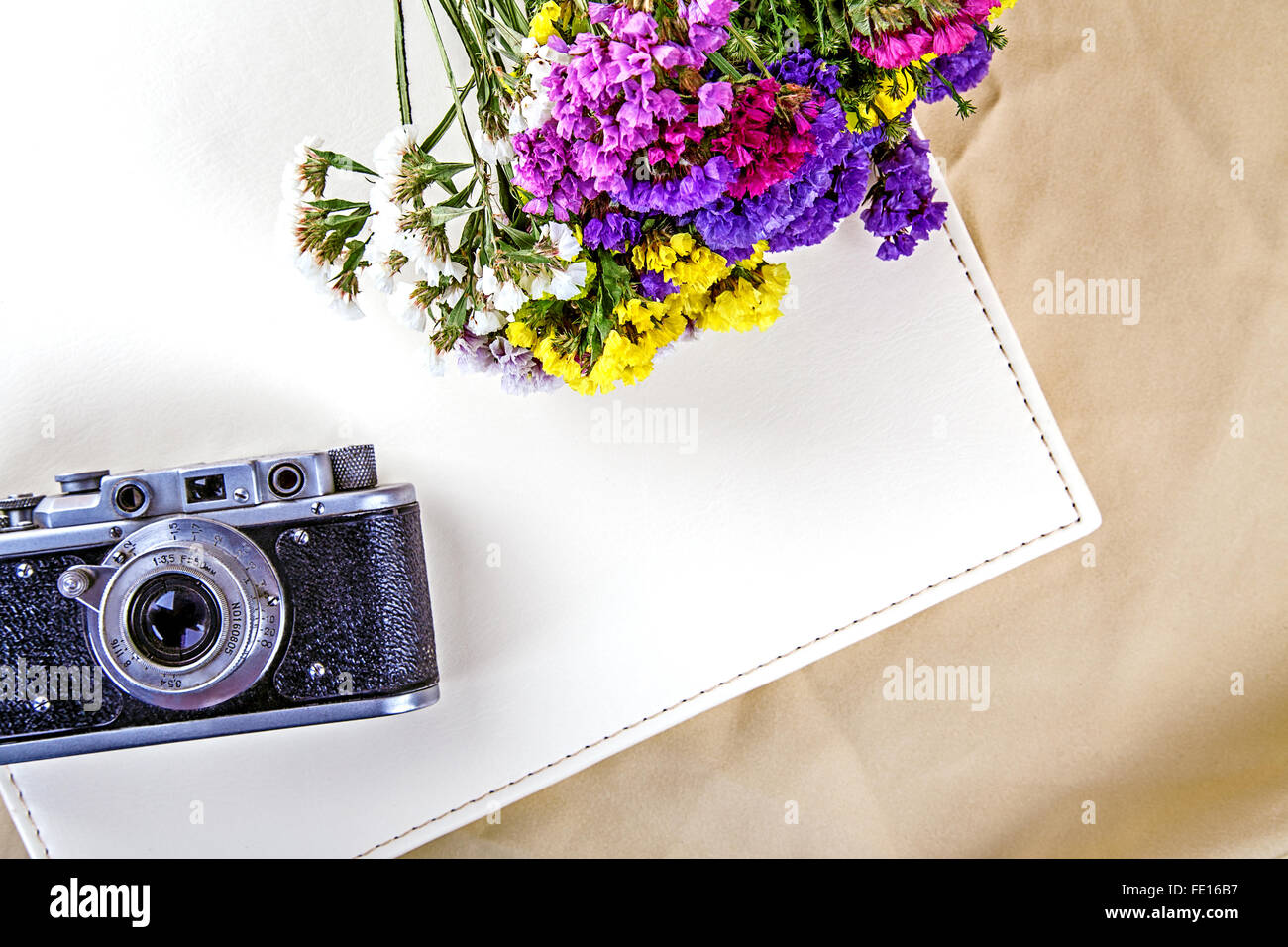 camera flowers retro still life Stock Photo