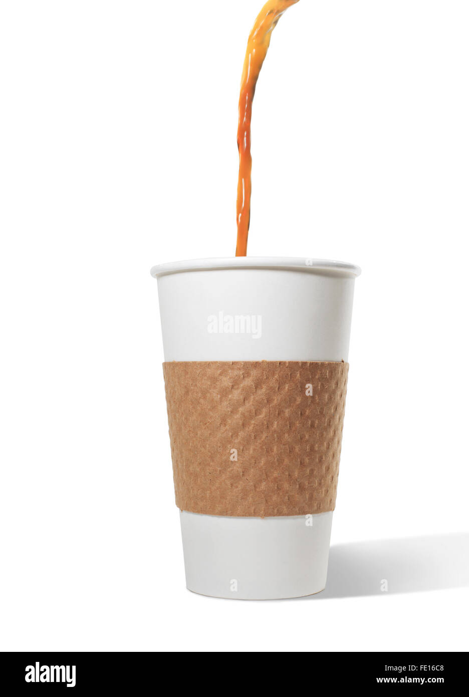 Studio shot of coffee being poured into paper cup on a white background Stock Photo