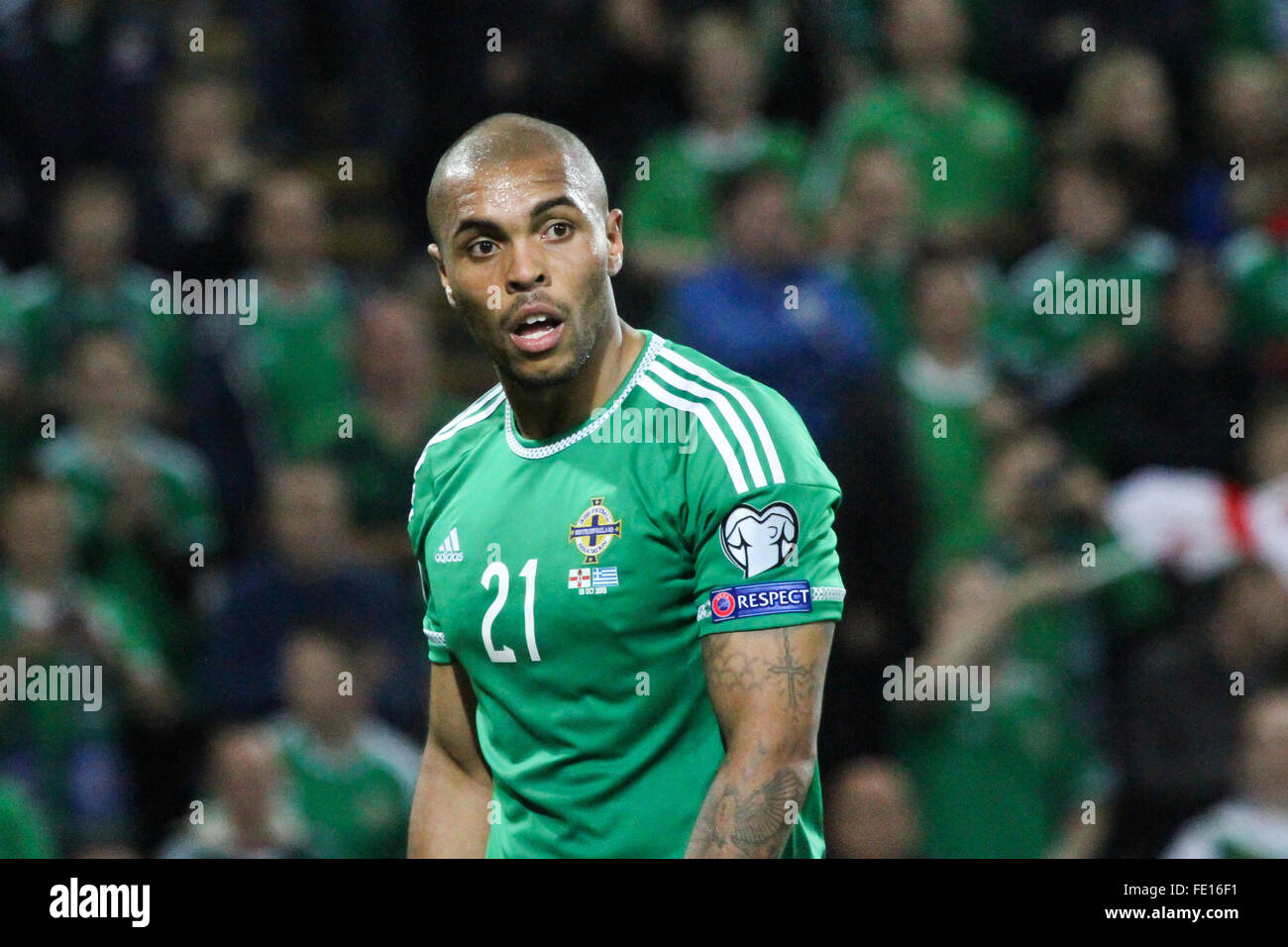 08 Oct 2015 - Euro 2016 Qualifier - Group F - Northern Ireland 3 Greece 1. Josh Magennis in action for Northern Ireland. Stock Photo