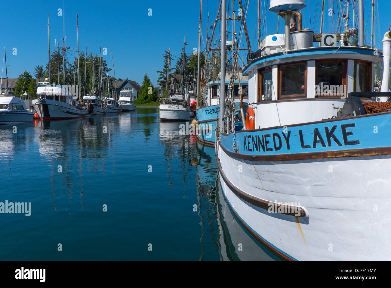 Ucluelet Harbor, British Columbia: Boats in the Small Boat Basin. Vancouver Island, Canada Stock Photo