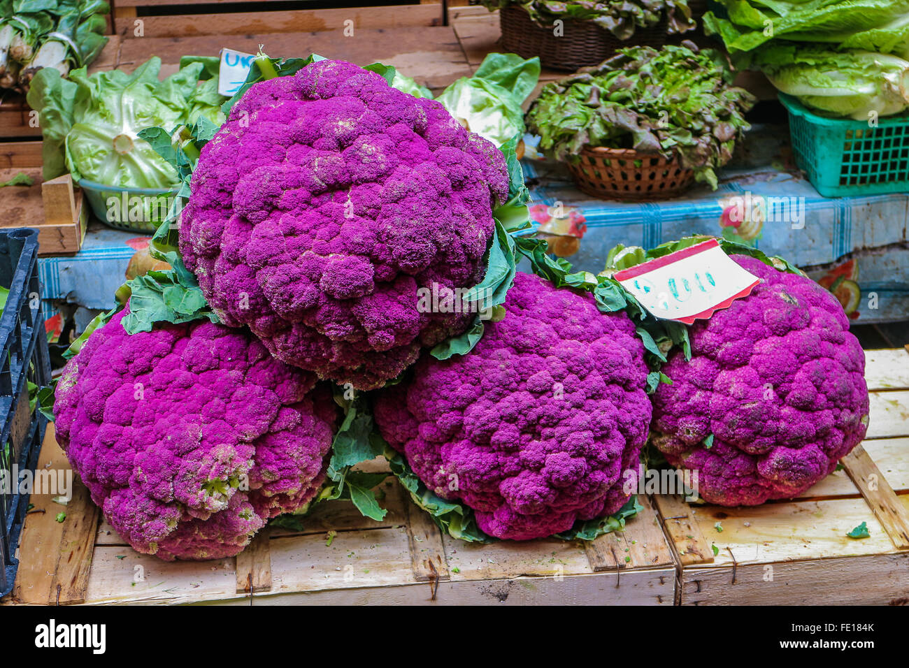 Fresh, purple cauliflower on the famous food market Catania, Sicily Stock Photo