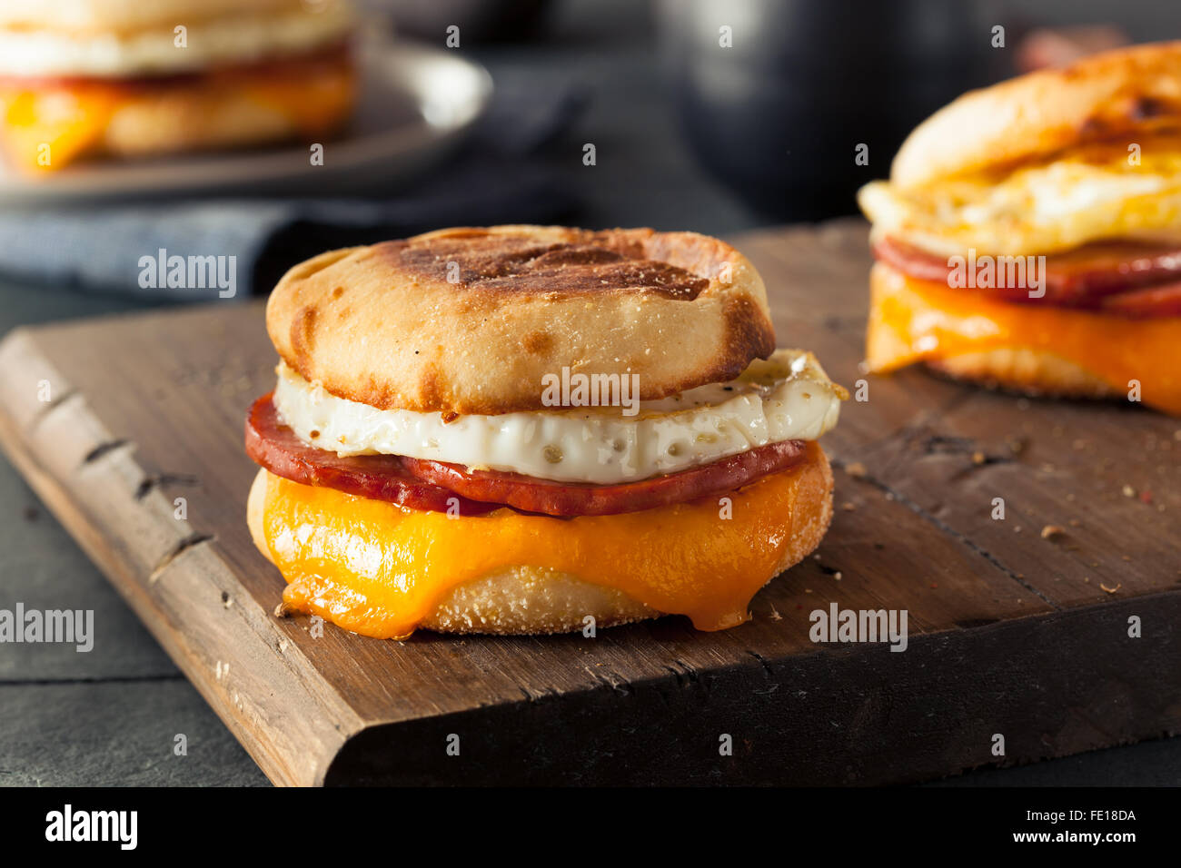 Homemade Breakfast Egg Sandwich with Cheese on an English Muffin Stock