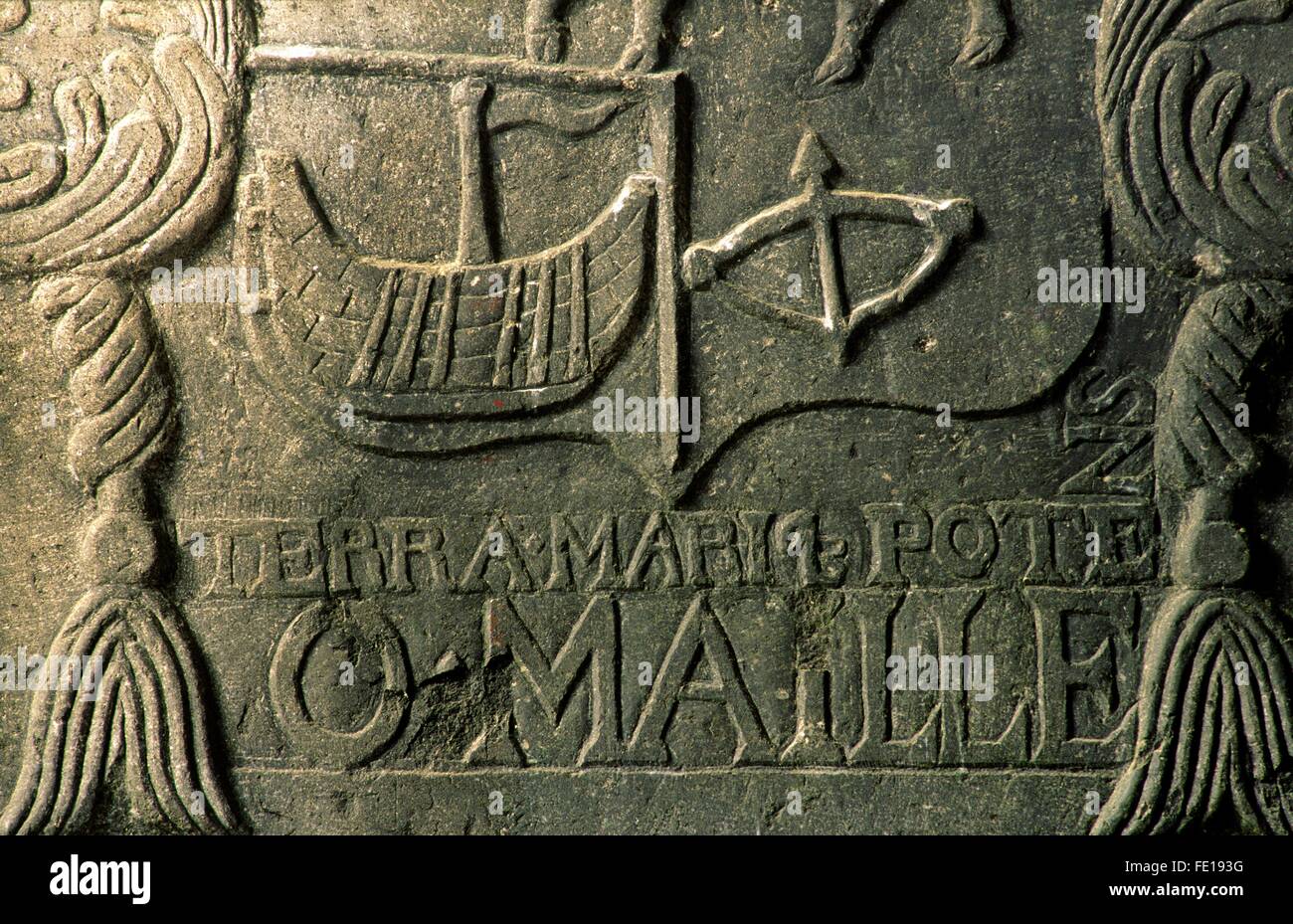 Clare Island, County Mayo, Ireland. Detail of 17 C. detail of altar tomb of Grace O'Malley pirate queen in St. Brigid's Abbey Stock Photo