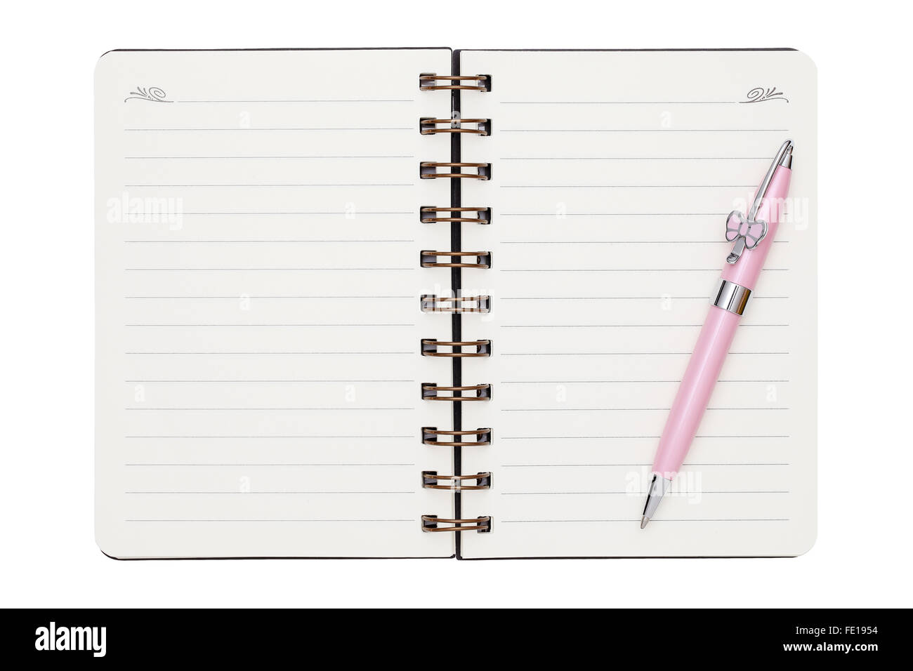 Blank spiral notebook with ball point pen isolated on white background Stock Photo