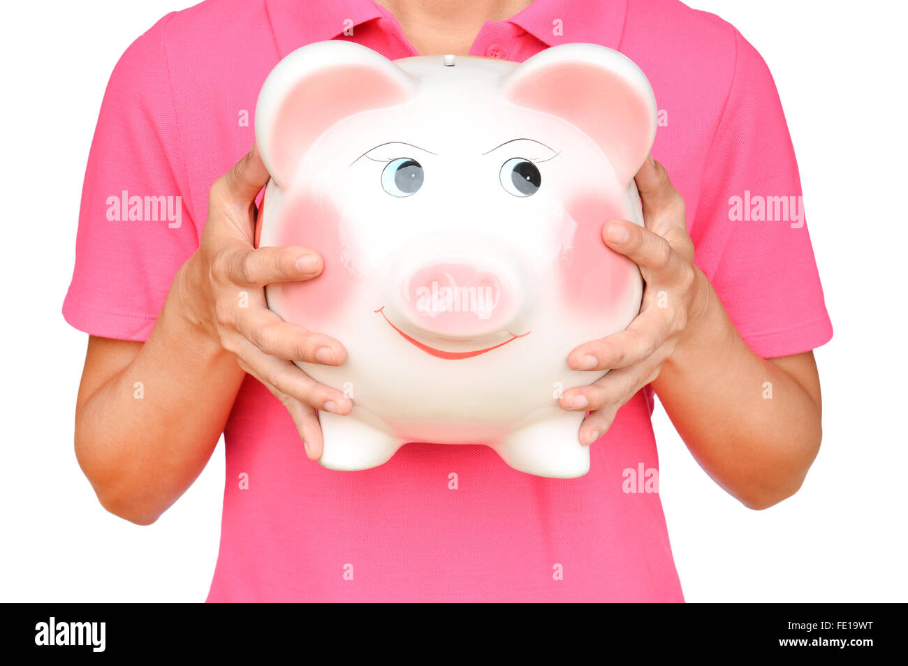 women hold Pink piggy bank on white background Stock Photo - Alamy