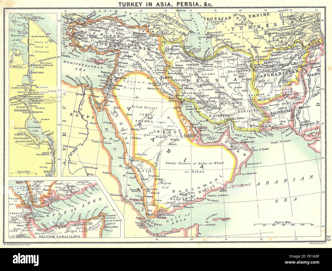 TURKEY: Asia, Iran; Gulf Aden; Suez port Said, 1900 antique map Stock Photo