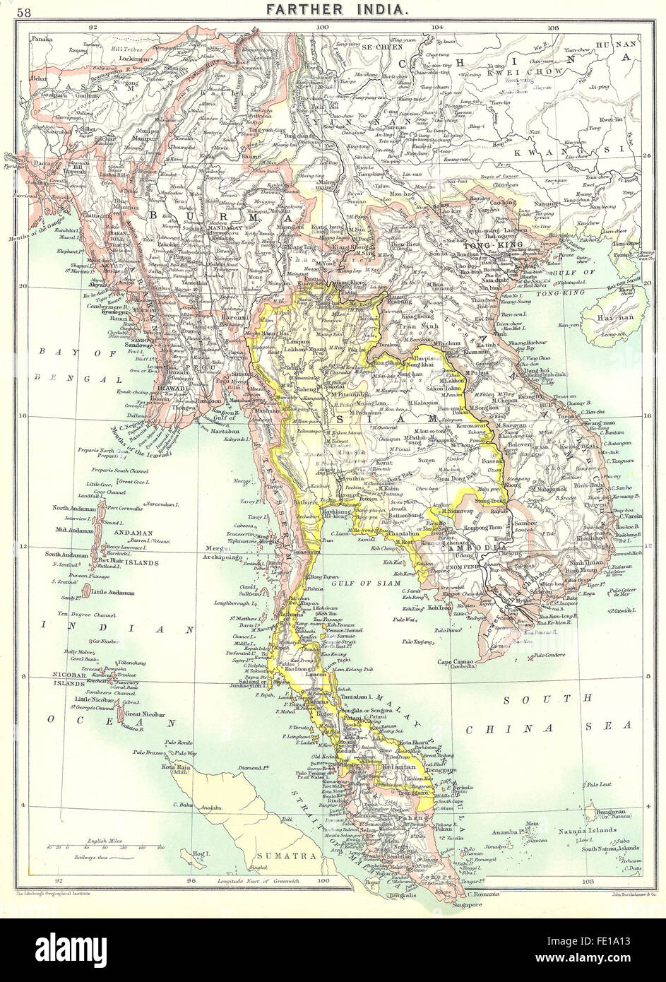 INDOCHINA: Malaysia, Thailand, Vietnam, Cambodia, 1900 antique map Stock Photo