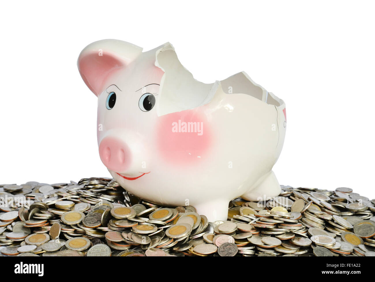 Pink piggy bank broken with money isolated on white background Stock Photo