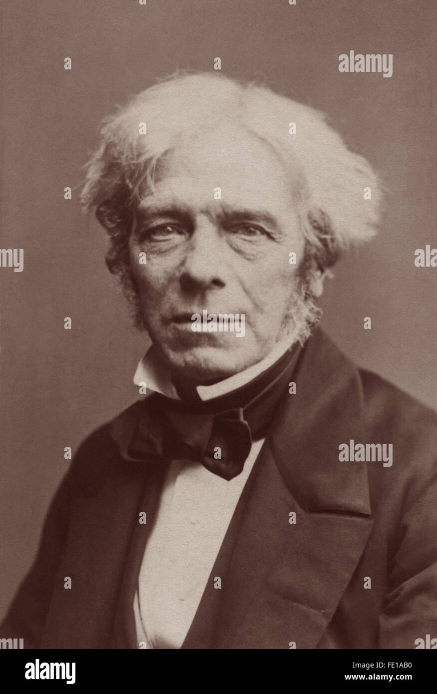 Michael Faraday FRS (1791–1867), one of the most influential scientists in history, in an 1860s seated portrait by John Watkins. Stock Photo