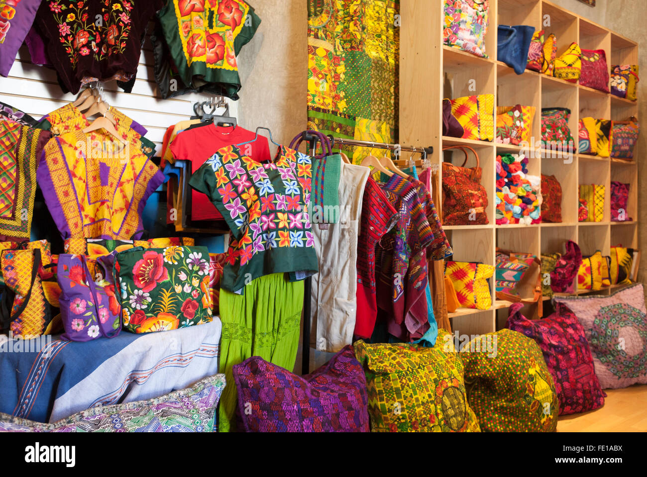 Colorful local textiles, traditional clothing and handicrafts for Stock