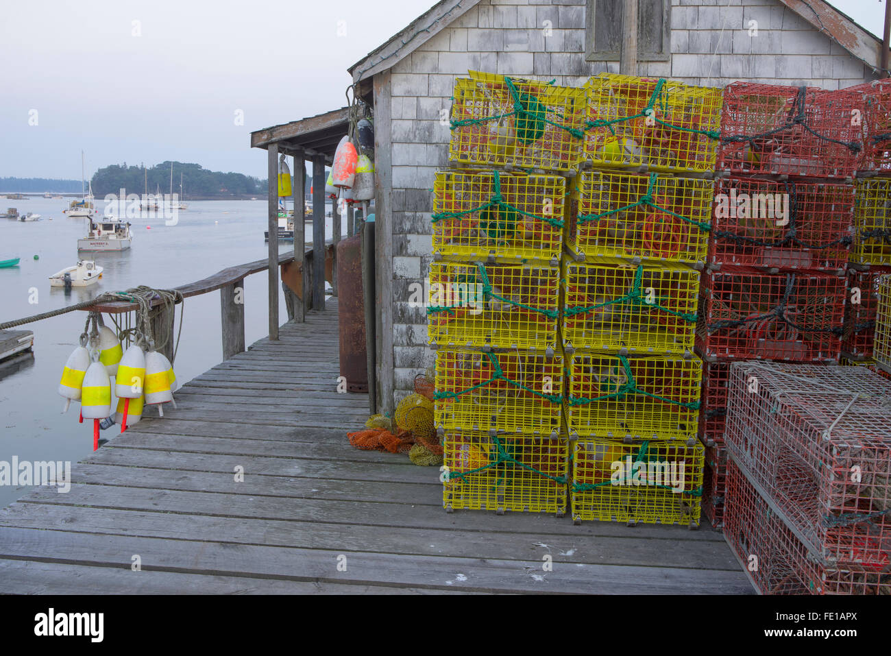 Central coast, Maine: Lobster traps and shed in fishing village of  Friendship Stock Photo - Alamy