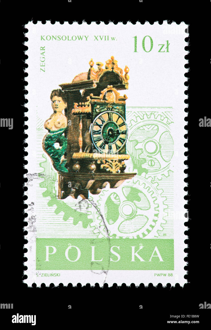 Postage stamp from Poland depicting a 17th century Frisian wall clock from Museum of Artistic and Precision Handicrafts, Warsaw Stock Photo