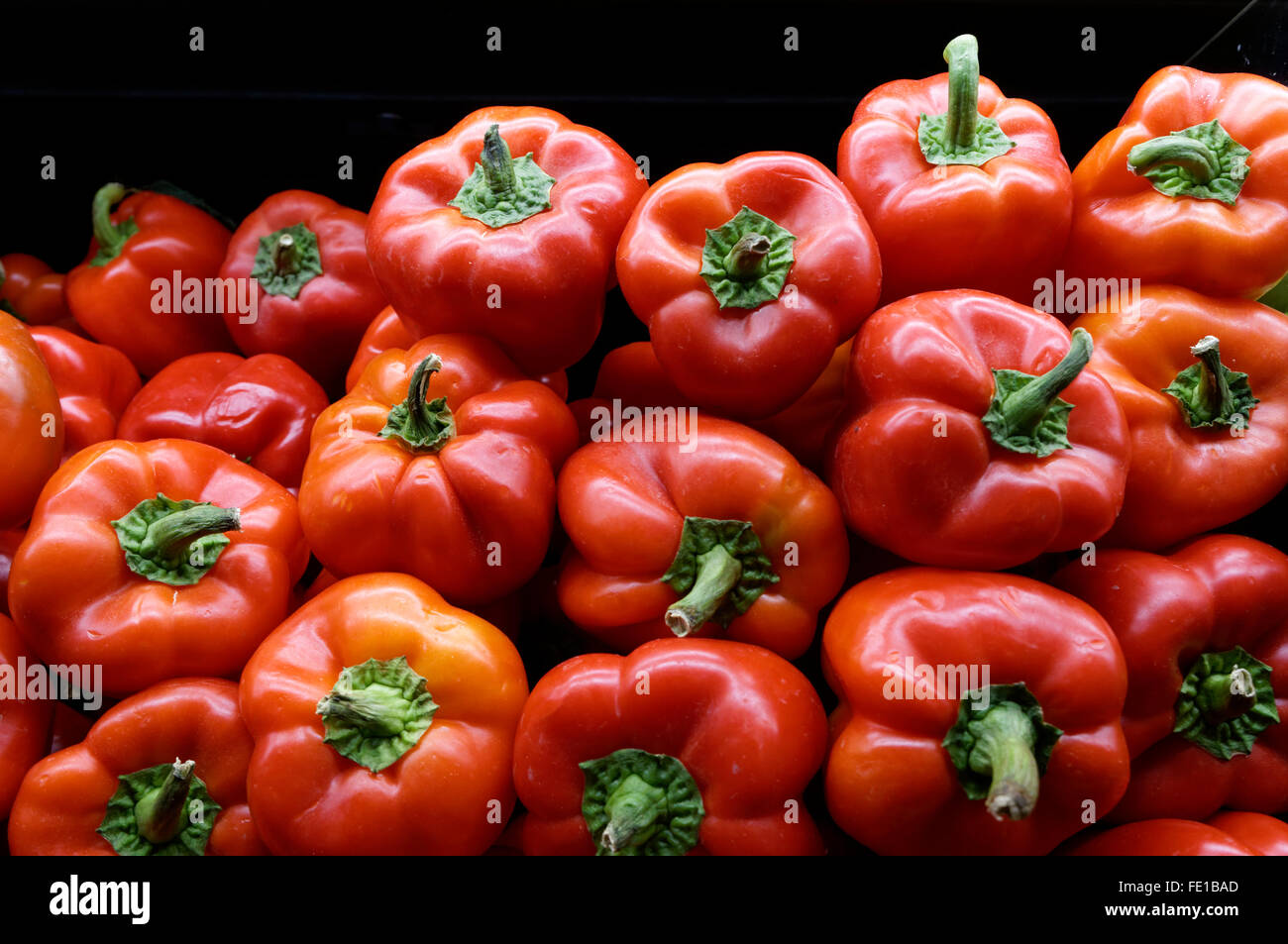 A pile of fresh red peppers Stock Photo