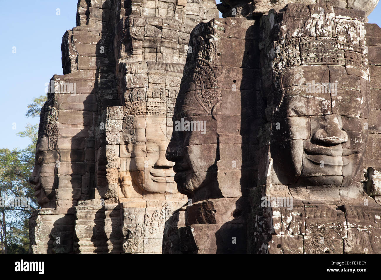 Four statue faces of Bayon, Siem Reap in Cambodia, travel destination Asia Stock Photo